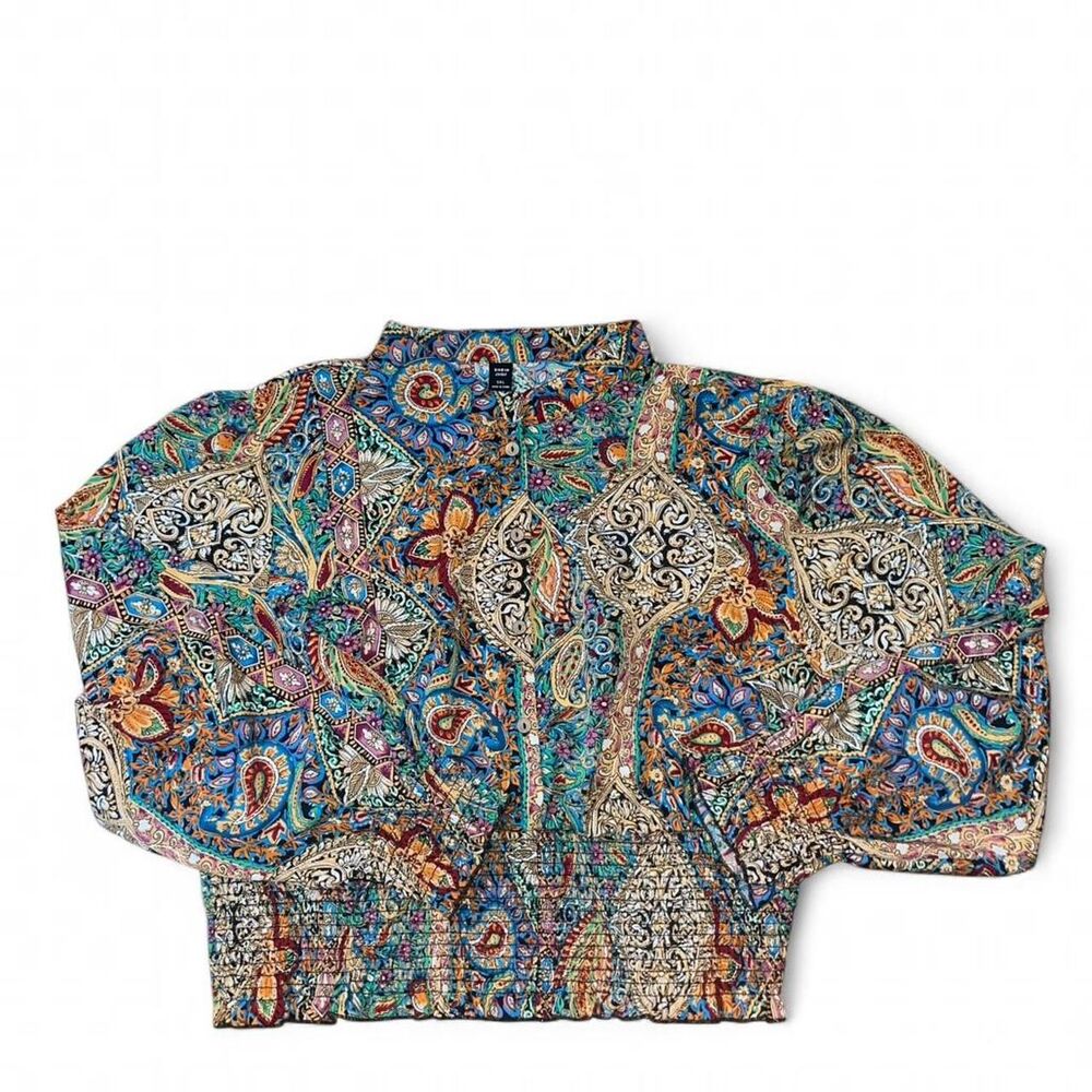 Womens' Multicolored Paisley Print Peasant Rusched Cropped Blouse Elegant SZ 5XL - Picture 1 of 4